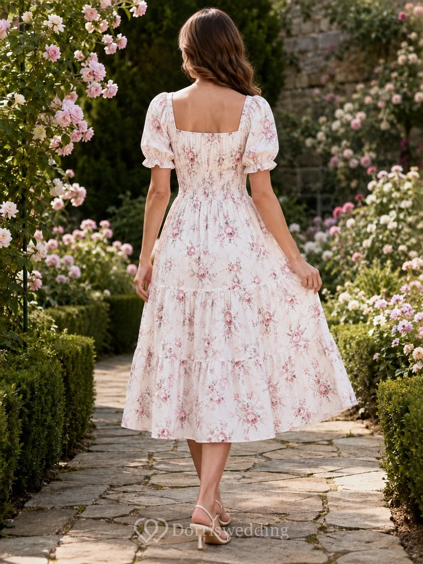 Teelanges weißes Blumen-Gartenkleid mit eckigem Ausschnitt und Puffärmeln view 2