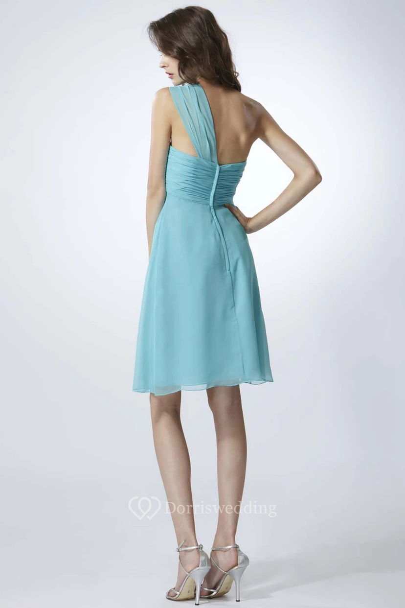 A-Line Short Ruched One-Shoulder Sleeveless Chiffon Bridesmaid Dress view 4