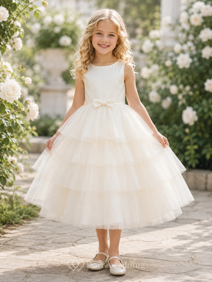 Flower Girl Dress Ivory Tulle A-Line Jewel Neck Tea Length Tiered Skirt
