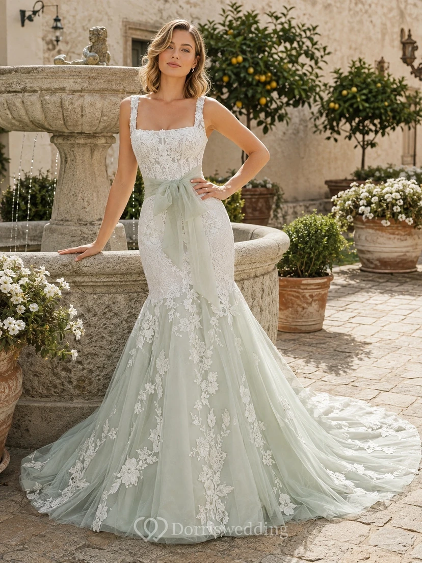 Celadon-Spitze Brautkleid im Meerjungfrauen-Stil, ärmellos, mit Schleppe, romantisch-elegant
