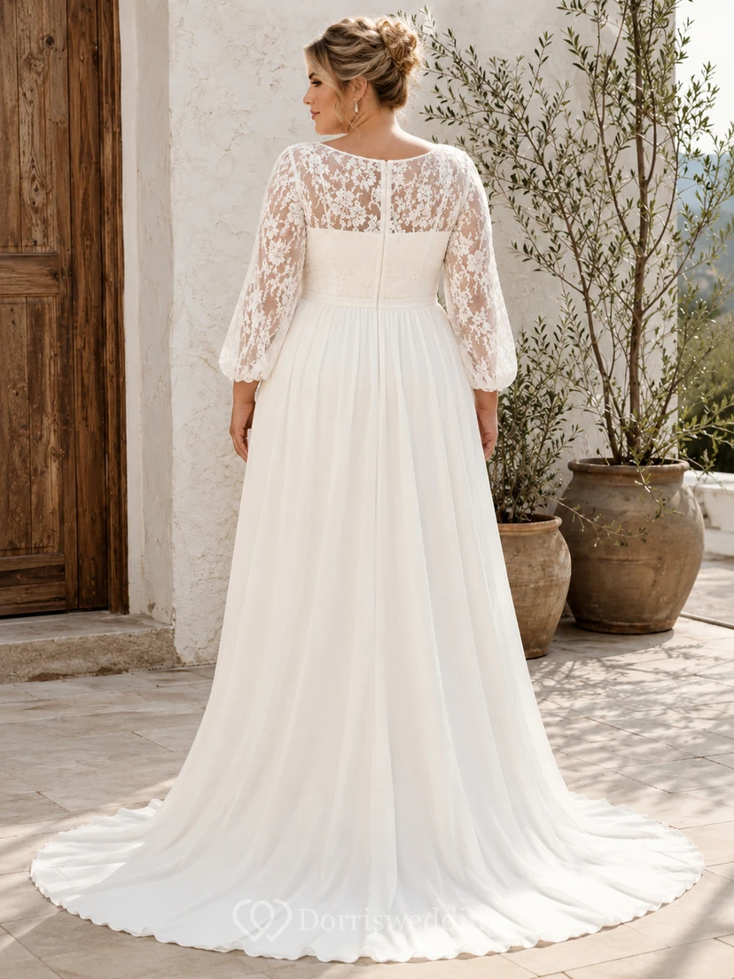 Robe de mariée bohème grande taille, manches longues bouffantes en dentelle, en mousseline, coupe trapèze, style bateau. view 2