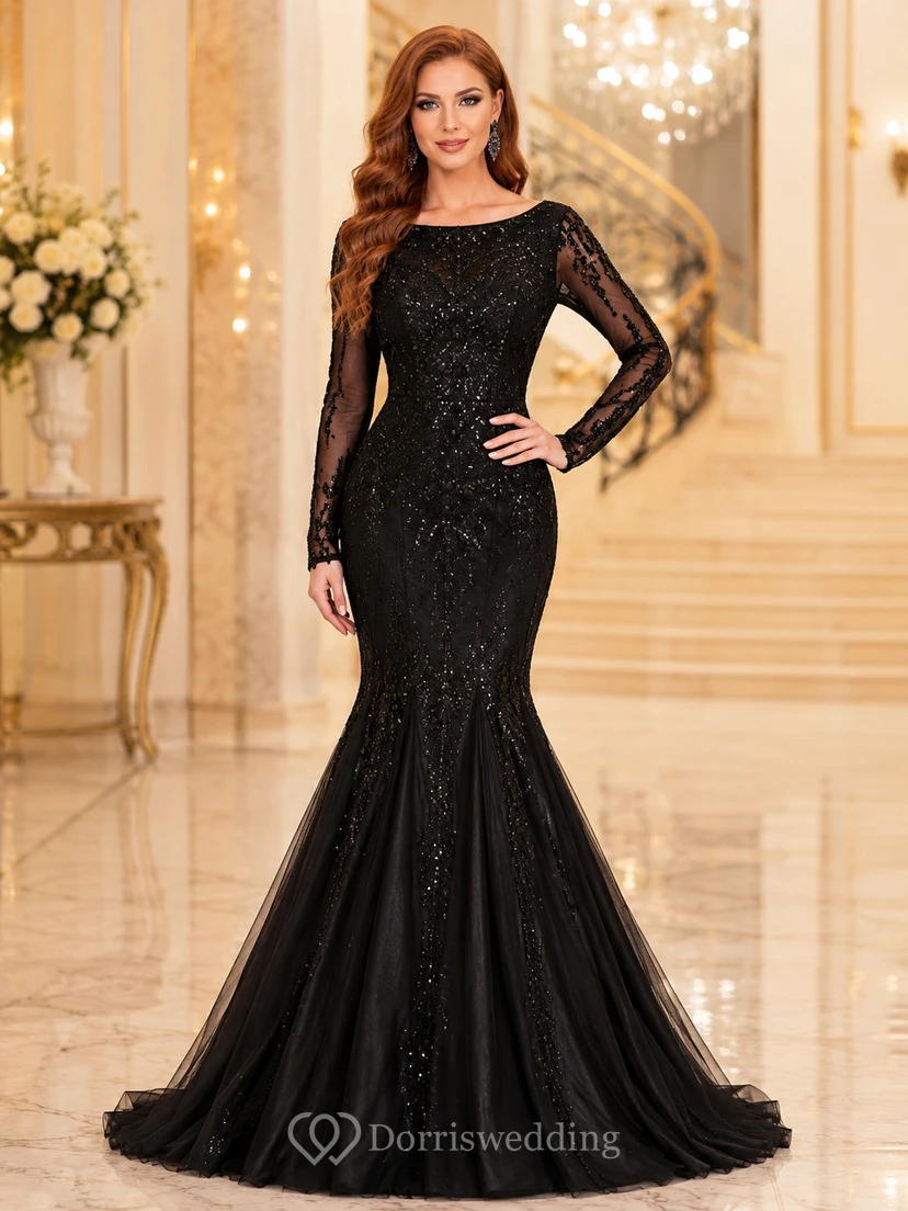 Vestido formal de lujo negro con escote barco, mangas largas ilusión, lentejuelas y cola de sirena.