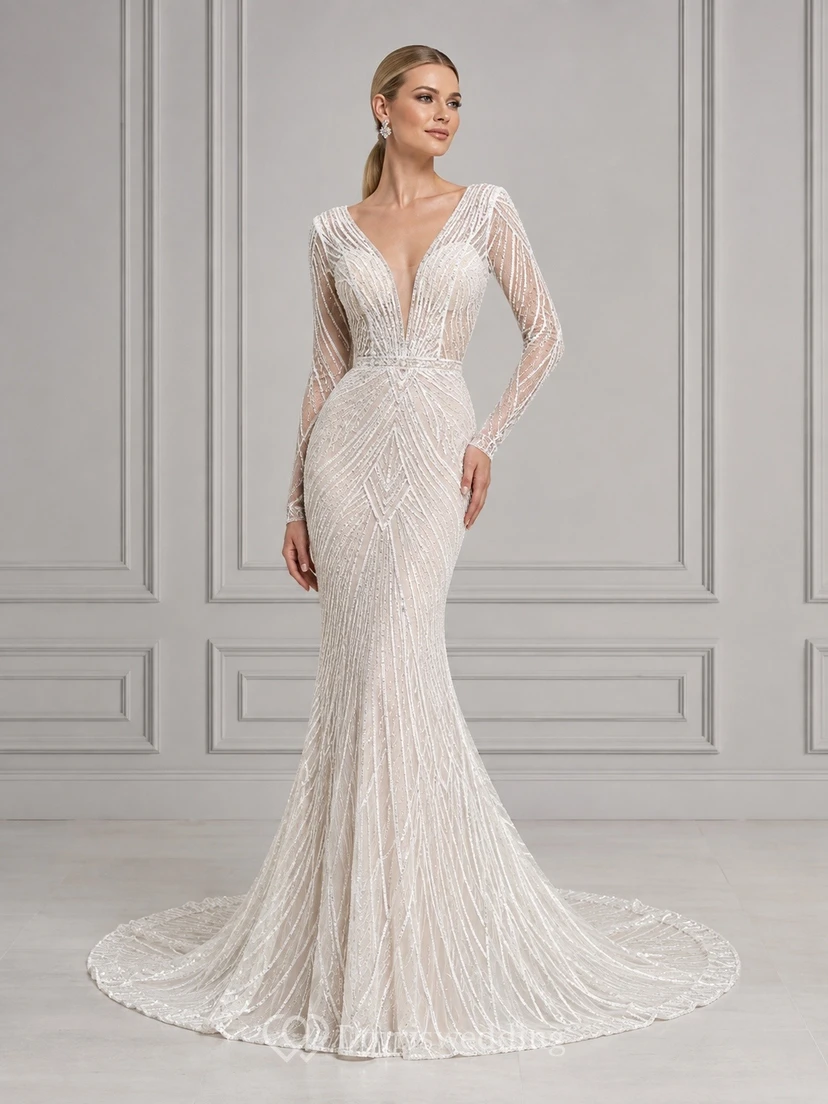 Vestido de novia elegante de sirena con lentejuelas y mangas largas