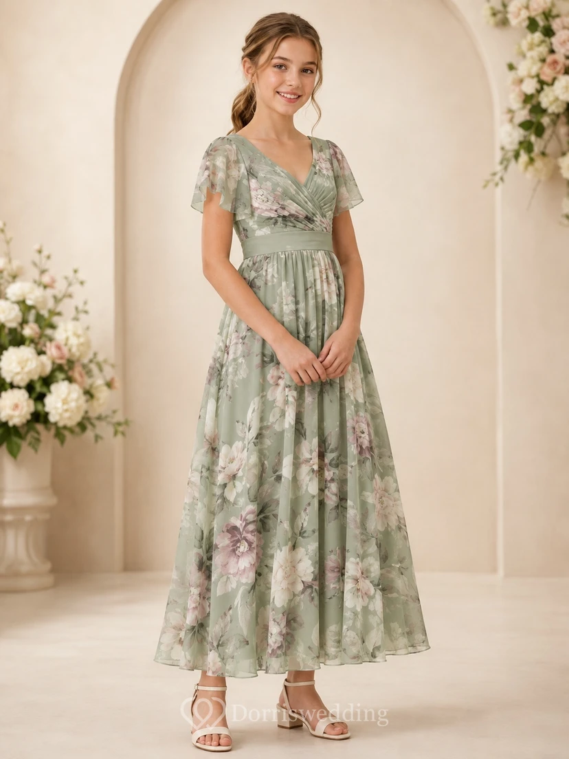 Celadonfarbenes Brautjungfernkleid für junge Damen, A-Linie, V-Ausschnitt, kurze Ärmel, Blütenblattmuster, Boho-Stil