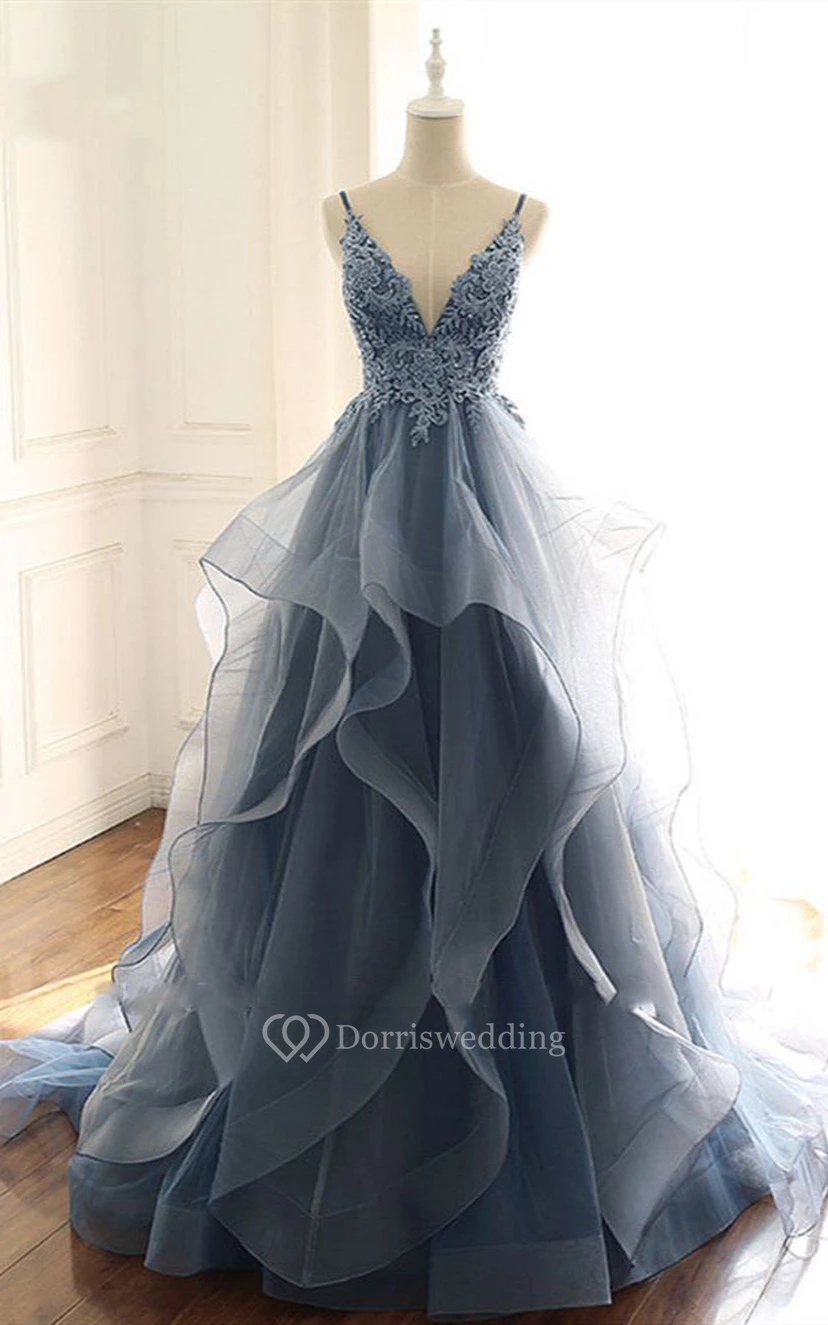 Dusty Blue Tulle Prom Dress Non Traditional Colored Wedding Gown view 3