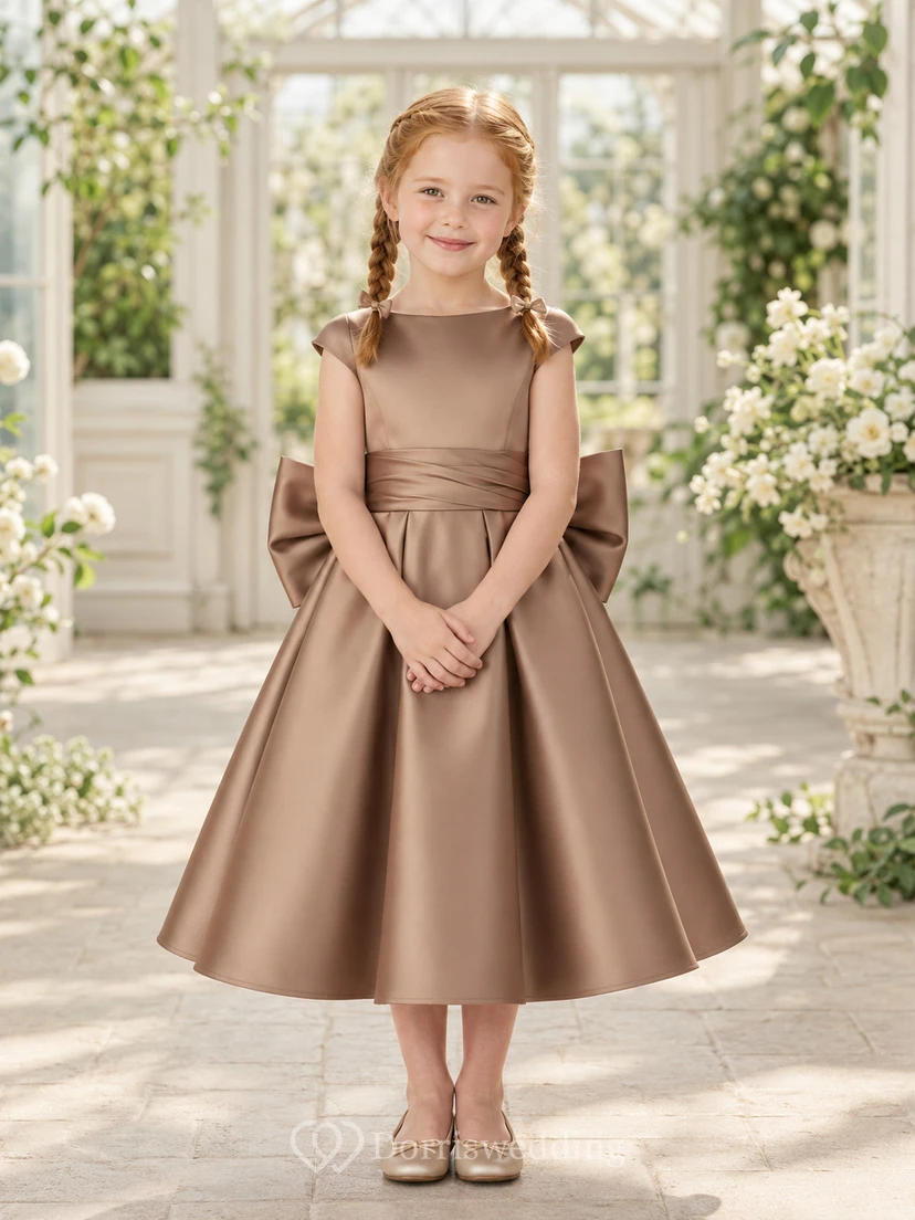 Simple Satin A-Line with Bow Flower Girl Dress with Jewel Neck, Tea-Length Skirt and Bow Detail