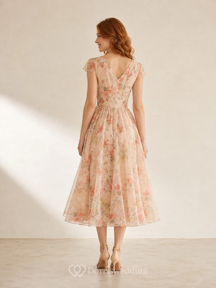 Robe trapèze à col V et manches courtes en organza fleuri pêche view 2