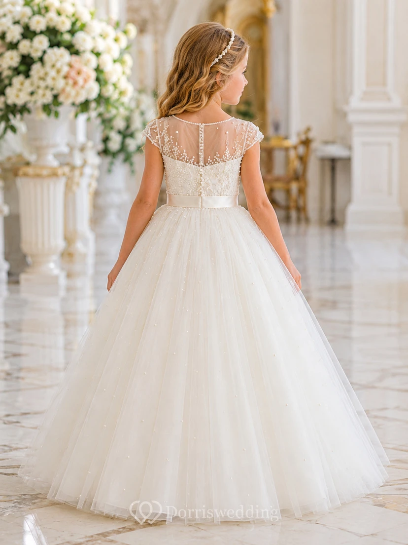 A-Line Flowergirl Pearl Beaded Tulle Floor-Length Cap Sleeve Luxury Wedding Gown with Floral Bodice view 2