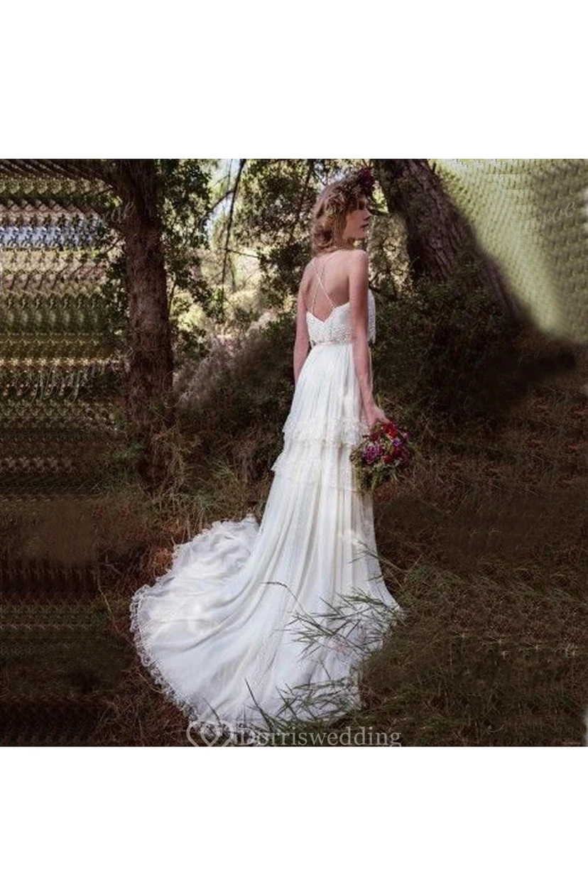 Spaghetti A-Line Sexy Sleeveless Floor-Length Tiers Lace Backless Beach Boho Wedding Dress view 3