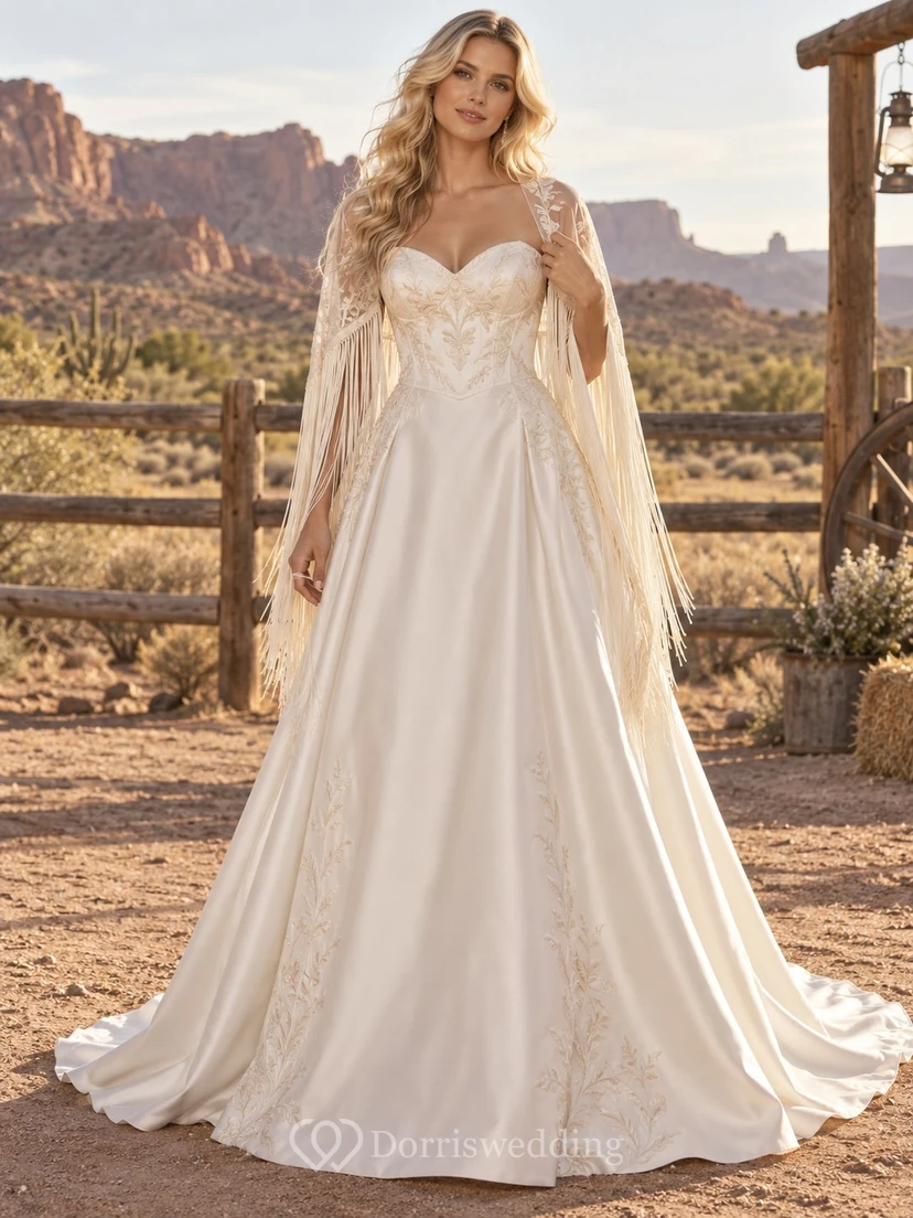 Country Boho Sweetheart A-Line Satin Wedding Dress with Leaf Lace Trails and Fringed Cape