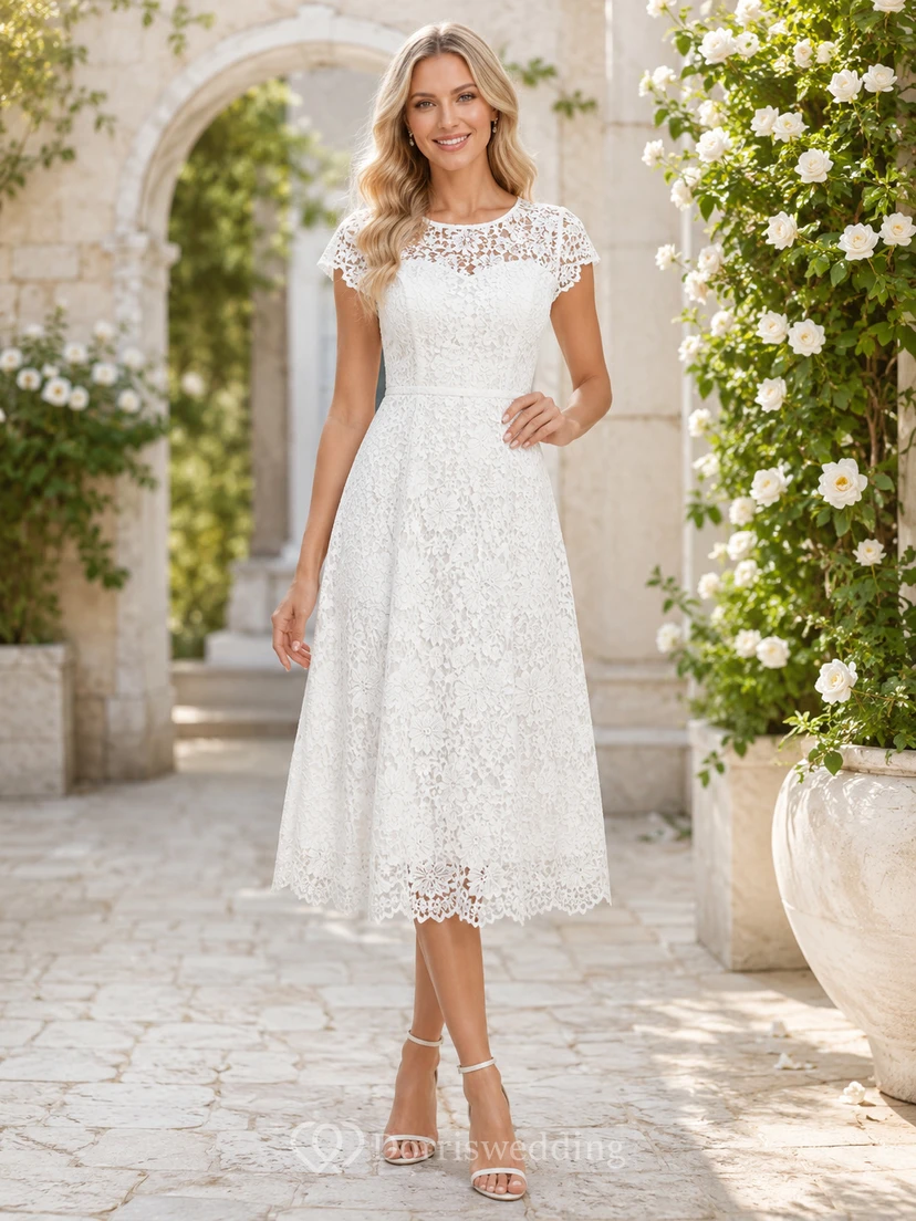 Robe de mariée vintage modeste à manches courtes, coupe trapèze, col montant, longueur thé, en dentelle, idéale pour renouveler ses vœux.
