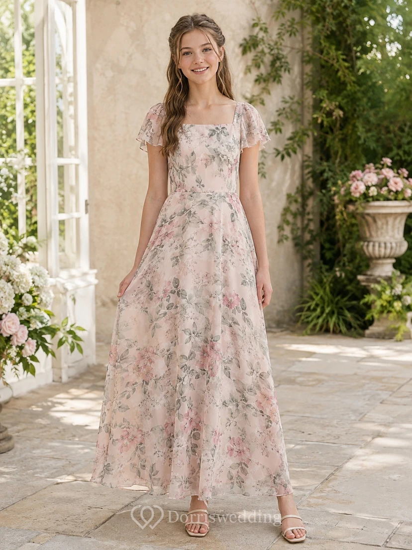 Zartrosa Brautjungfernkleid im A-Linien-Schnitt mit eckigen, kurzen Ärmeln und floralem Blütenmuster im Boho-Stil