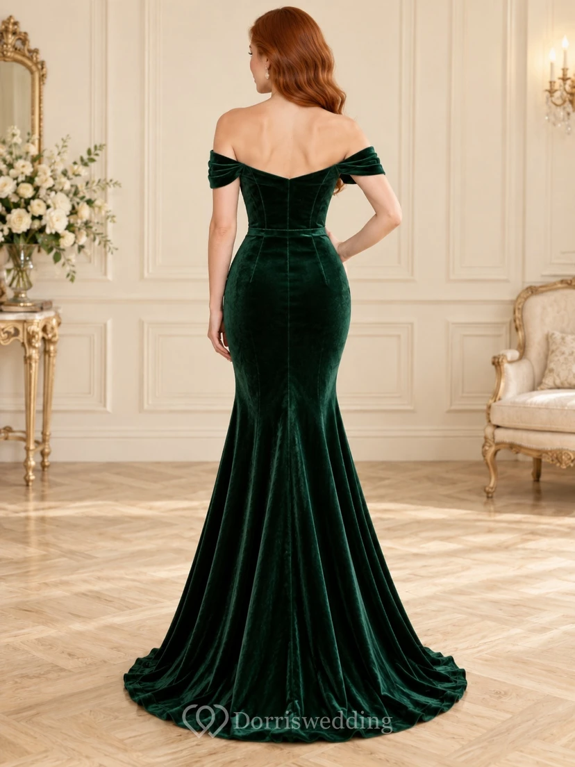 Vintage Mermaid Green Off Shoulder Sweetheart Fitted Velvet Prom Gown view 2