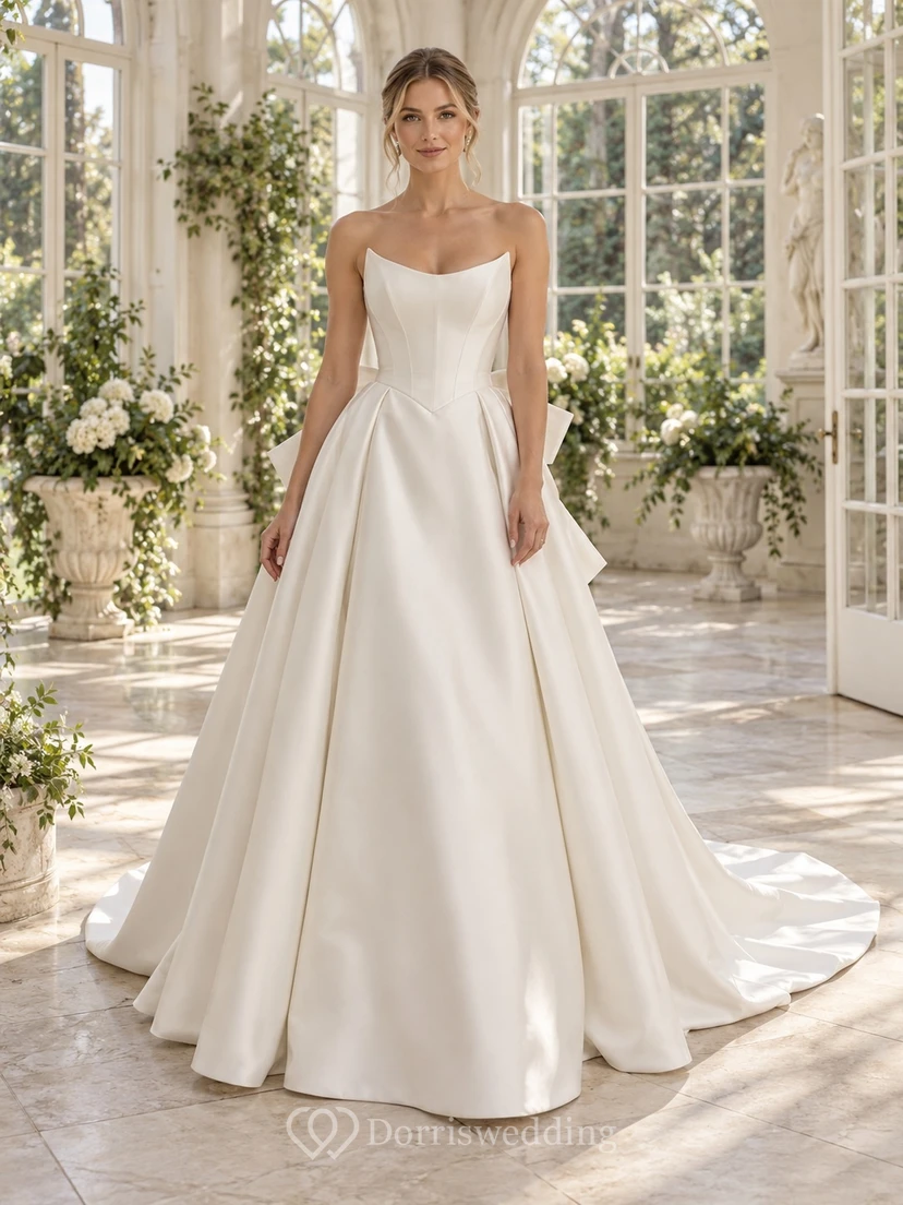 Vestido de novia de satén plisado con escote redondo, cadera esculpida y lazo, sin tirantes