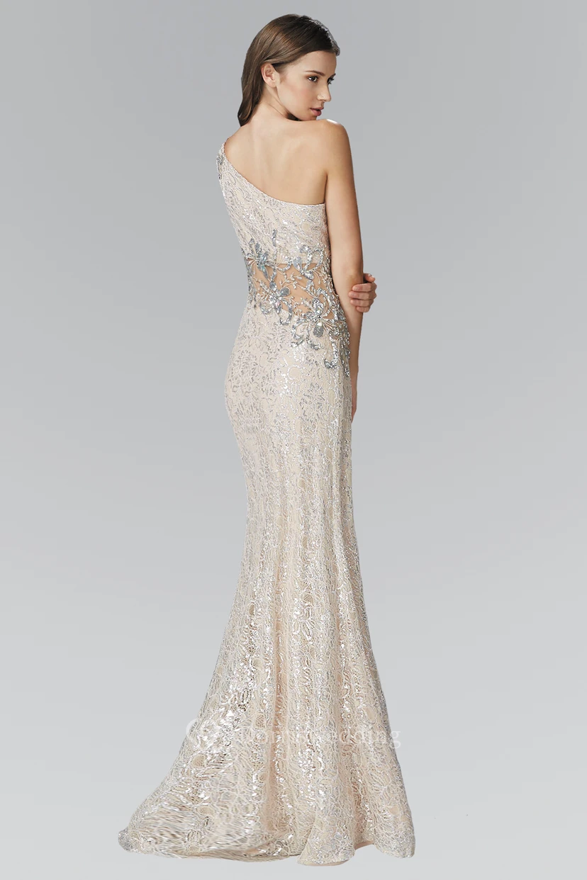 Sheath Maxi One-Shoulder Sleeveless Lace Dress With Beading And Pleats view 2
