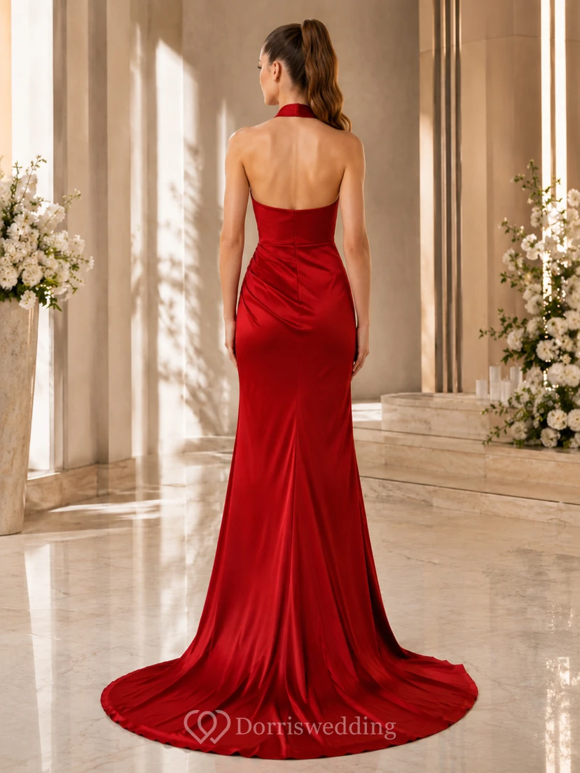Red Halter Cowl Neck Draped Satin Sheath Wedding Gown view 2