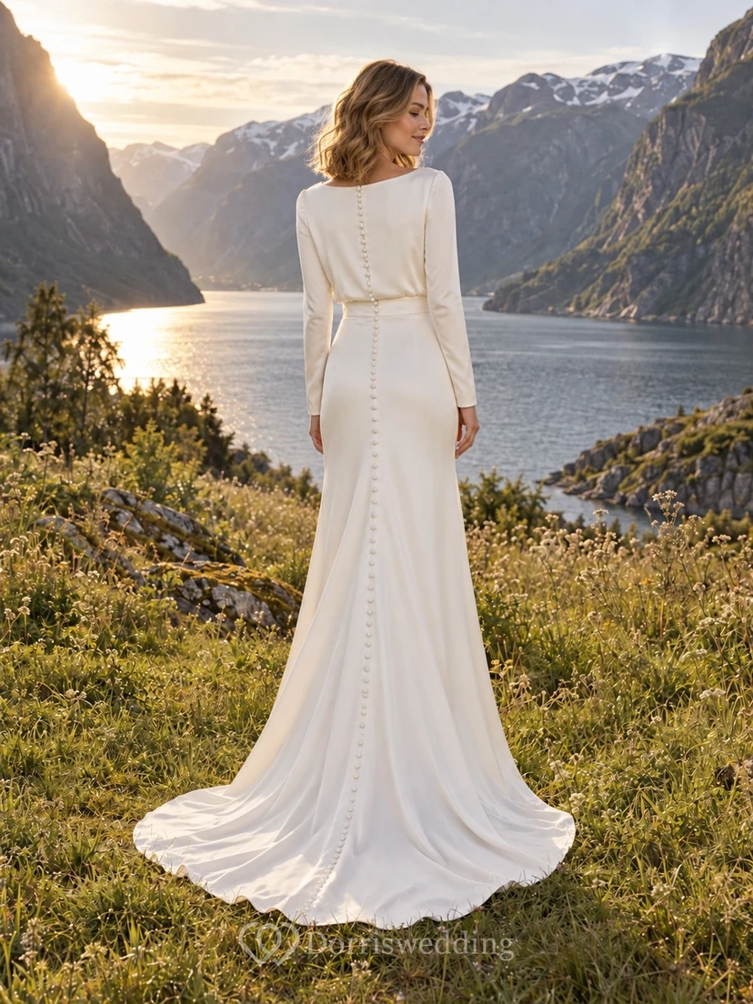 Vestido de novia de manga larga estilo barcoau charmeuse con cinturilla y espalda con botones forrados view 2