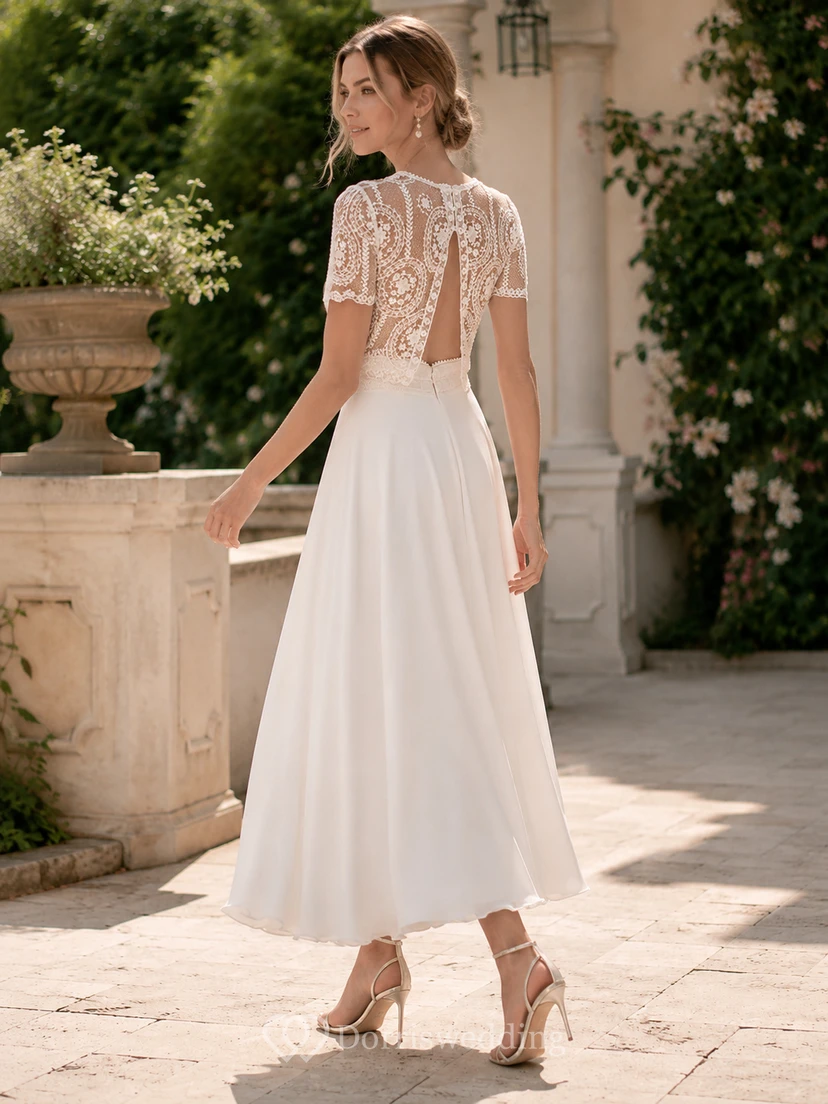 Vintage zweiteiliges, kurzärmeliges Chiffon-Hochzeitskleid in Teelänge mit Spitzenoberteil view 7