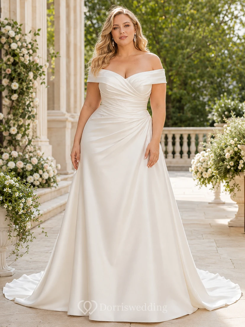 Vestido de novia minimalista de satén, corte en A, hombros descubiertos, cola larga.