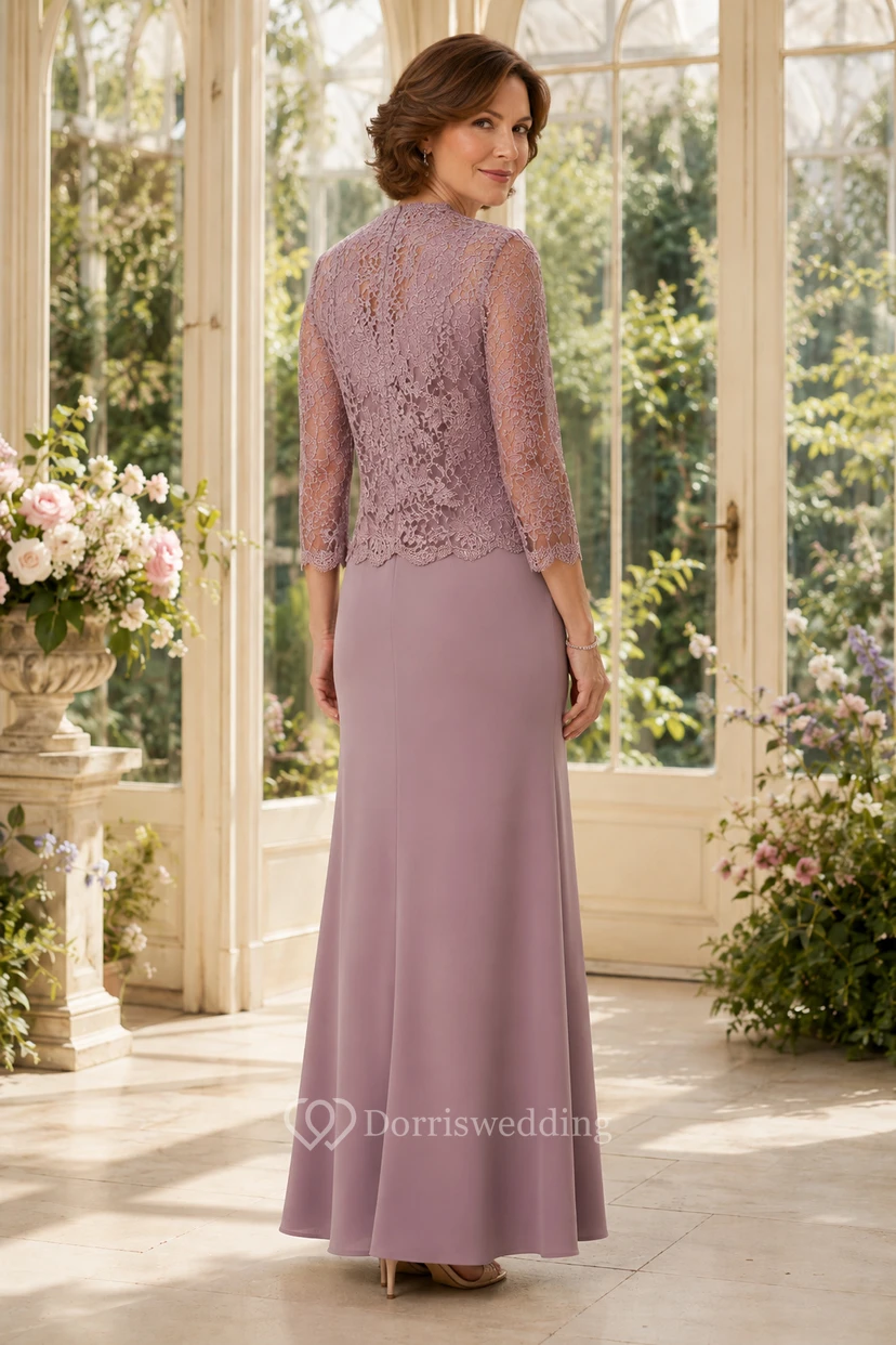 Robe longue mauve pour la mère, avec veste en dentelle view 2