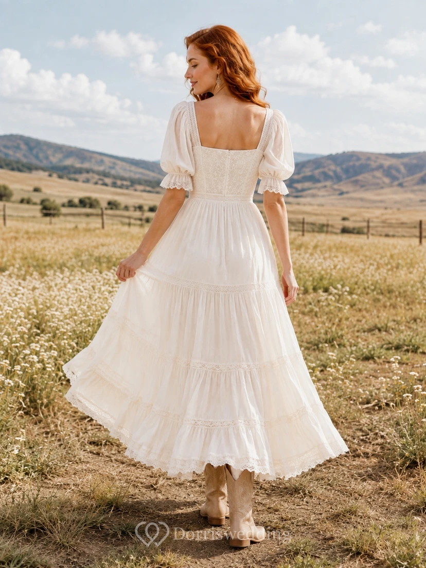 Rustikales Brautkleid aus Chiffon mit quadratischem Ausschnitt, Puffärmeln und Stufenrock in A-Linie und Knöchellänge view 2