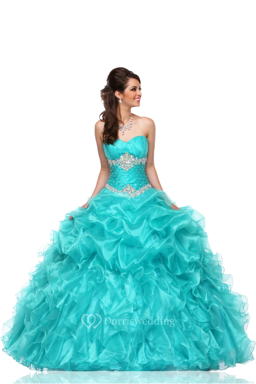 Sweetheart A-Line Sleeveless Organza Cascading Ruffles Ball Gown With Lace-Up Back
