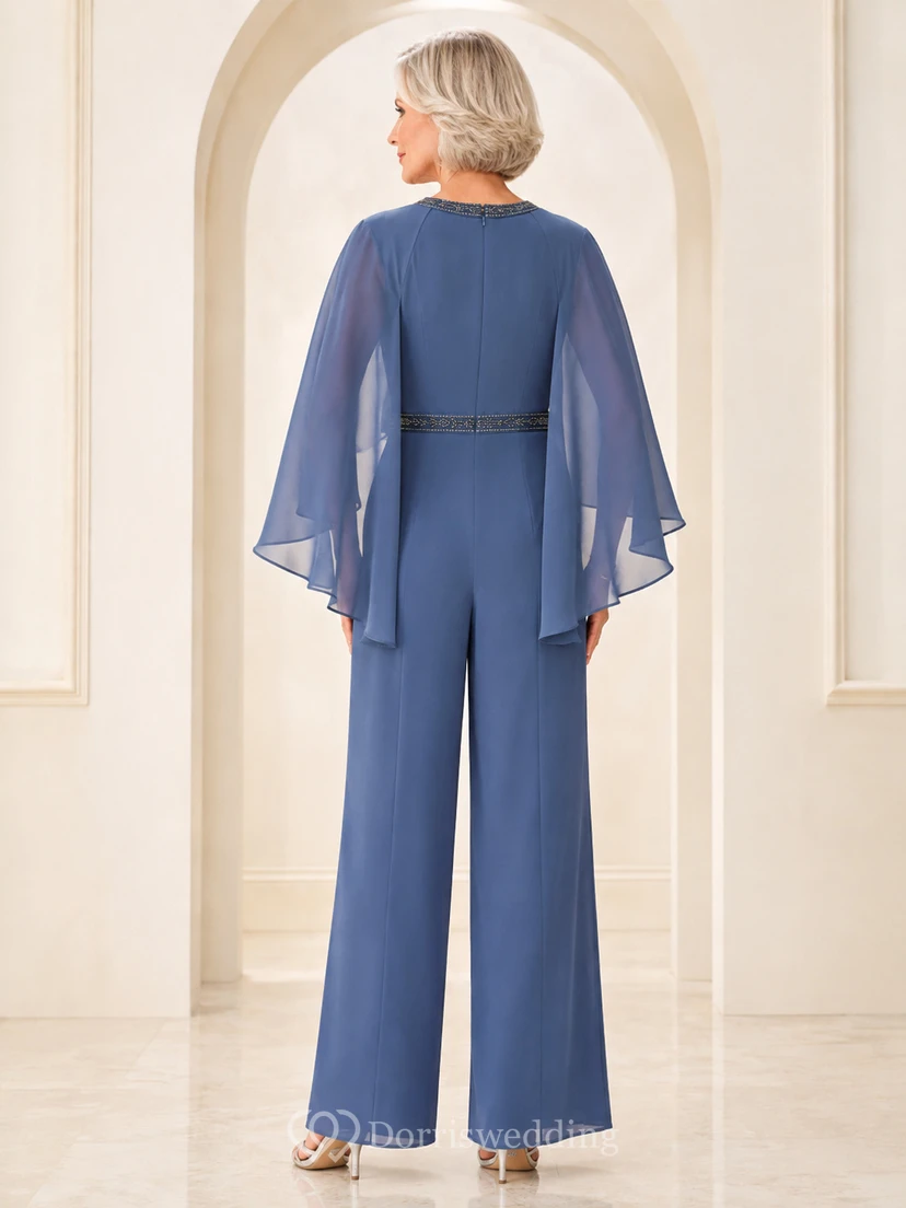 Steel Blue Mother Pantsuit with Chiffon Cape, Beaded Waist and Wide Leg Pants view 2