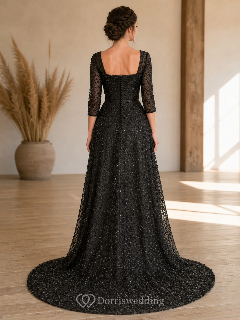 Black Elegant Textured A-Line Square Neck Three-Quarter Sleeve Floor-length Evening Dress view 2