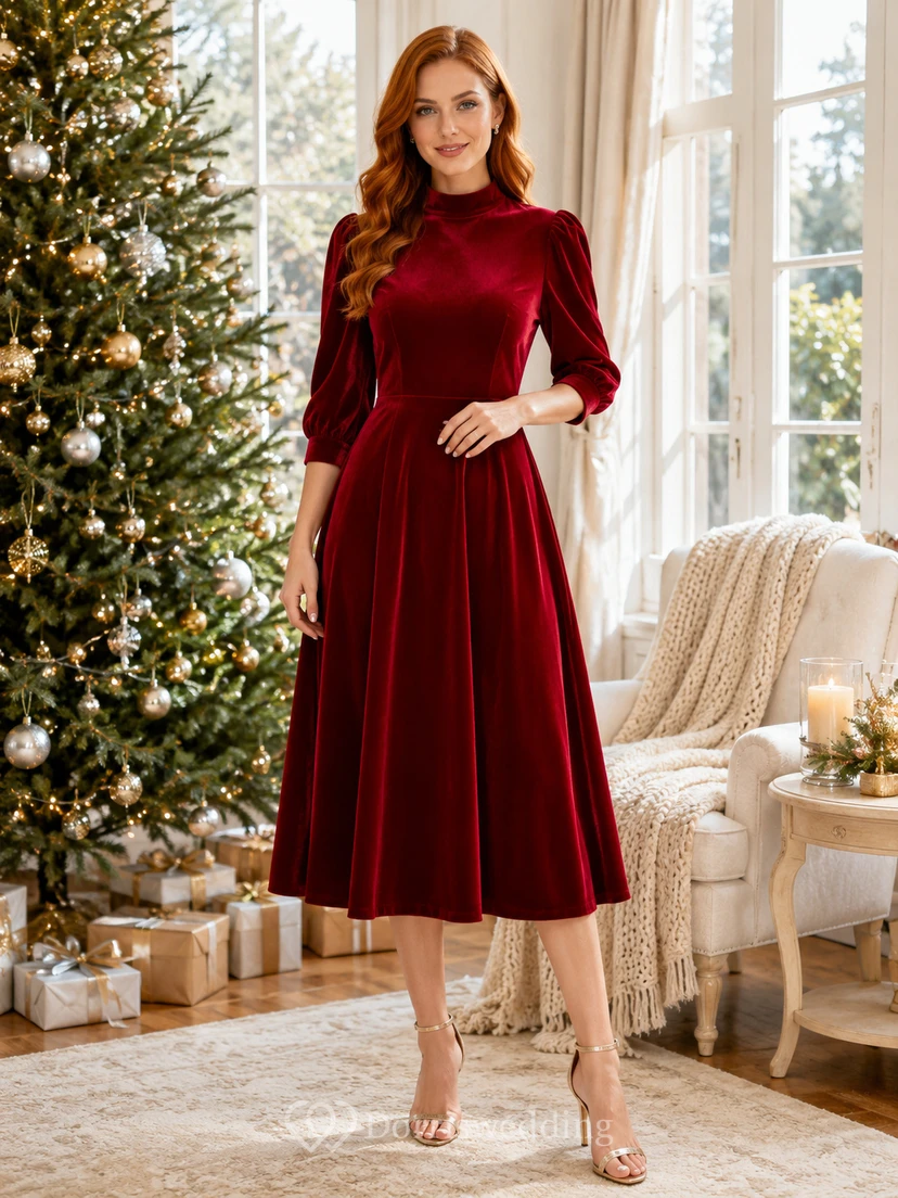 Red Velvet Jewel Neck Long Sleeve Family Photo Midi Dress