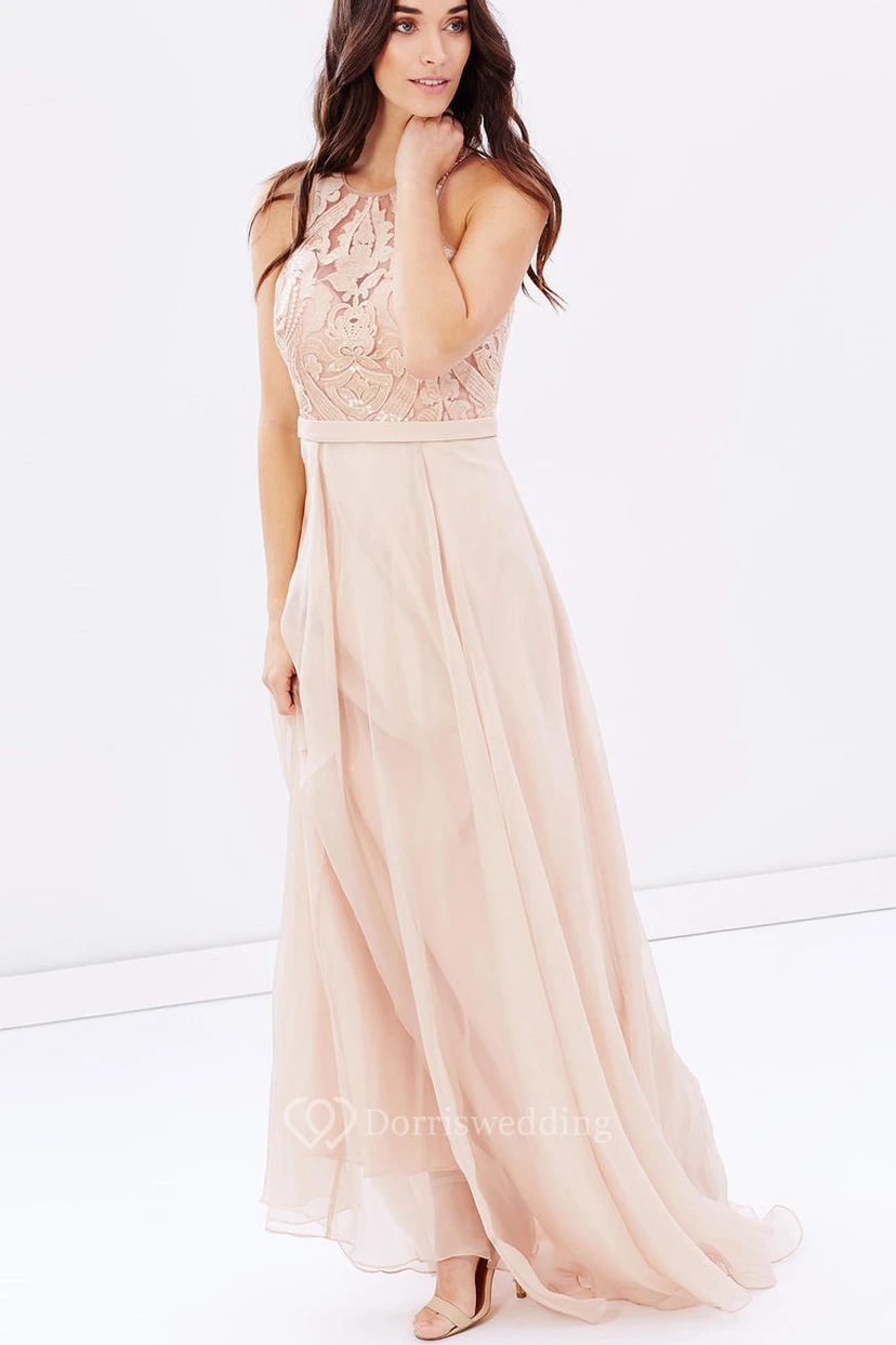 Sheath Sleeveless Appliqued Scoop Neck Chiffon Blush Bridesmaid Dress With Sequins view 5