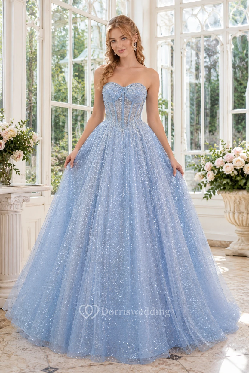 Sky Blue Glitter Tulle Ball Gown with Strapless Sweetheart Bodice