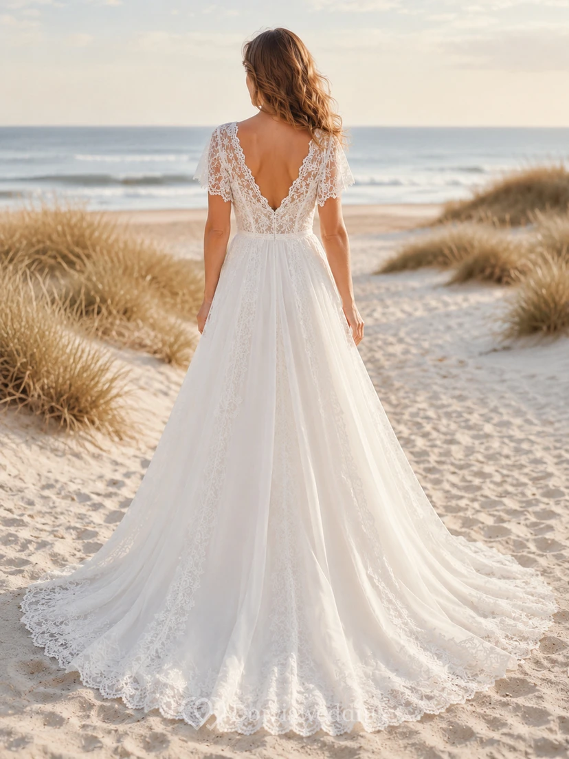 Boho Beach A Line Deep V Cap Lace Sleeve Sweep Train Wedding Dress view 2