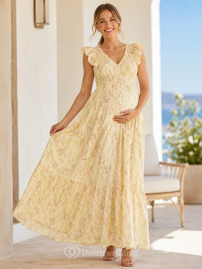 Daffodil Floral Maternity V-Neck Ruffle Sleeve Tiered Ankle Summer Dress