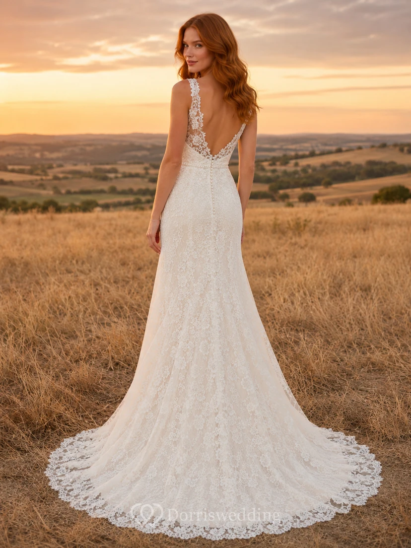 Robe de mariée champêtre en tulle et dentelle, coupe trapèze, bustier cœur, traîne, dos corset lacé view 2