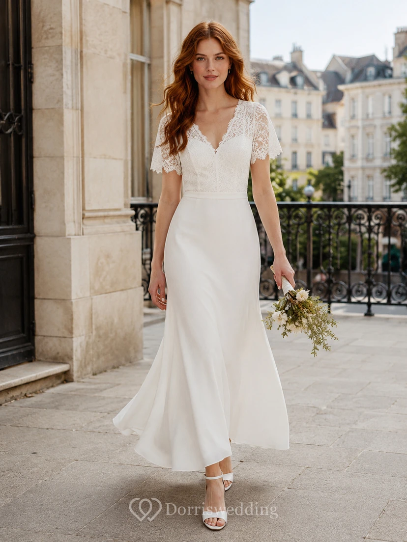 Short Sleeve Lace Bodice Chiffon Civil Elopement Bridal Gown