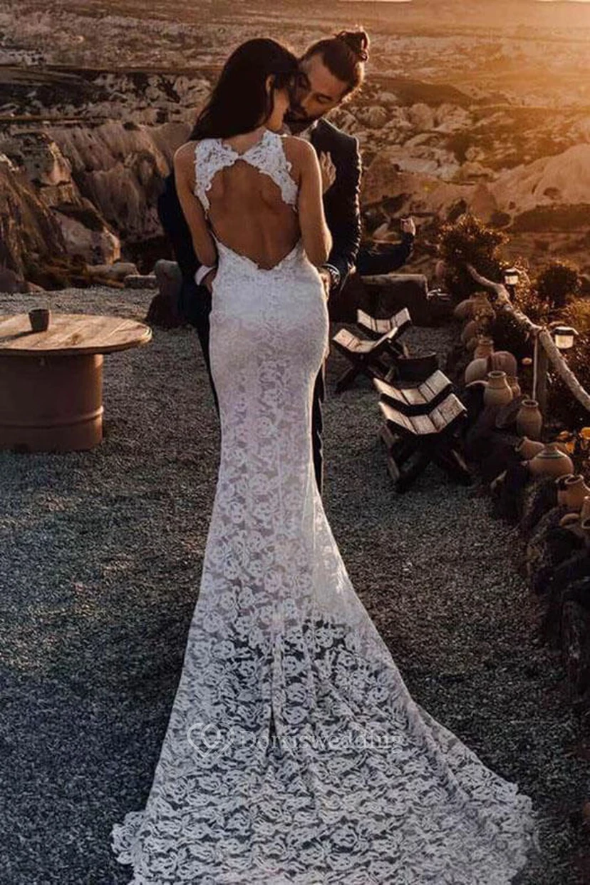 Ärmelloses, ärmelloses Brautkleid mit Spitzenkragen und Schlitz vorne view 2