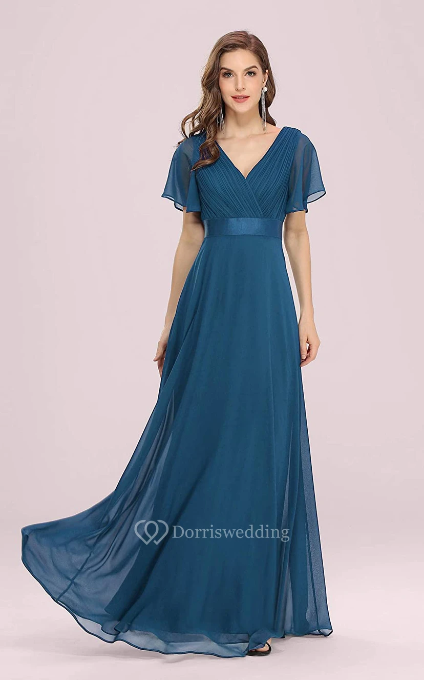 Elegant Chiffon V-neck A Line Short Sleeve Prom Mother Dress With Ruffles view 16