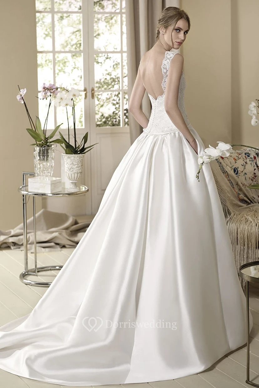 Ball Gown Sleeveless V-Neck Floor-Length Appliqued Satin Wedding Dress view 2
