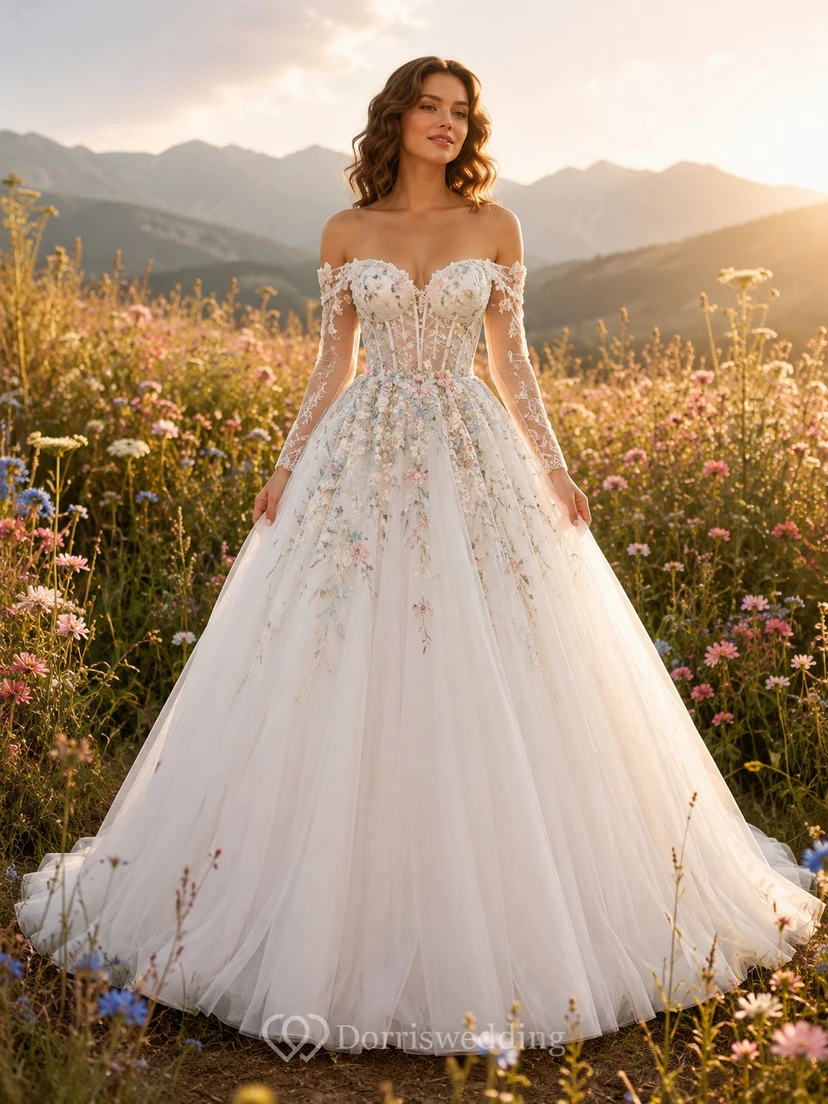 Schulterfreies Ballkleid aus floralem Tüll und Wildblumenwiese