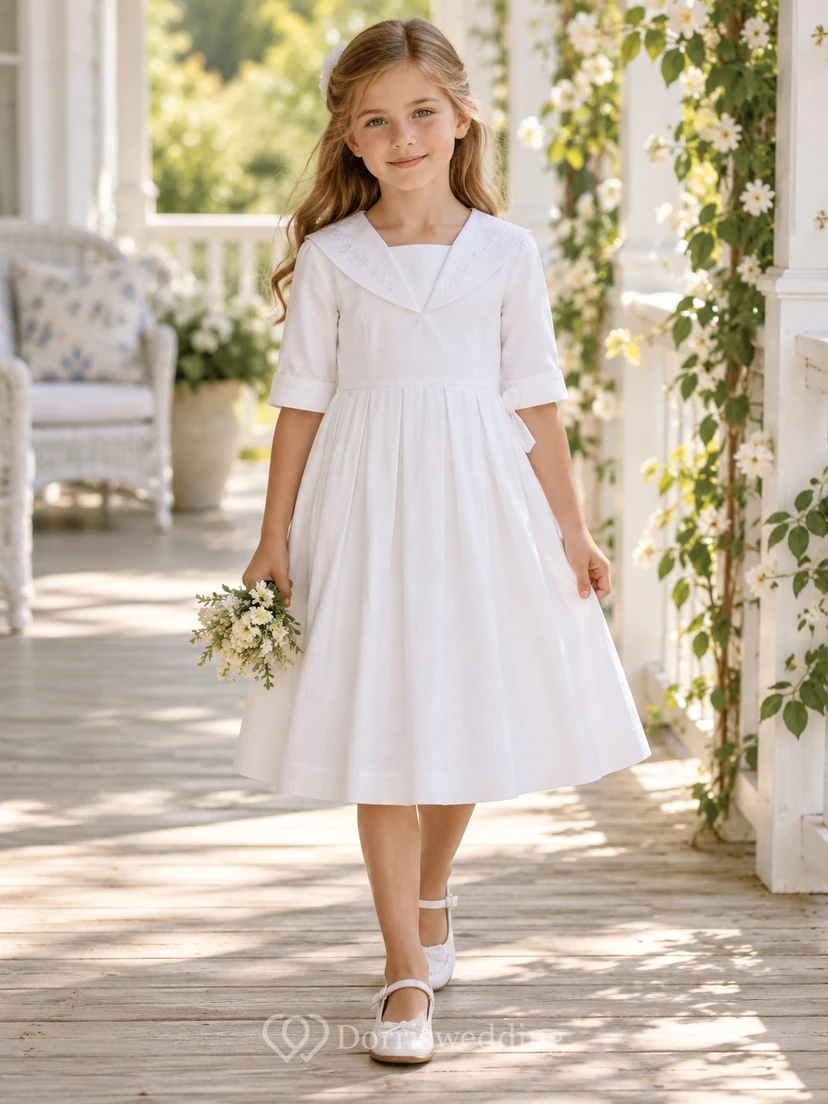 Vintage Tea-length White Sailor Collar Half Sleeve Cotton Flower Girl Dress