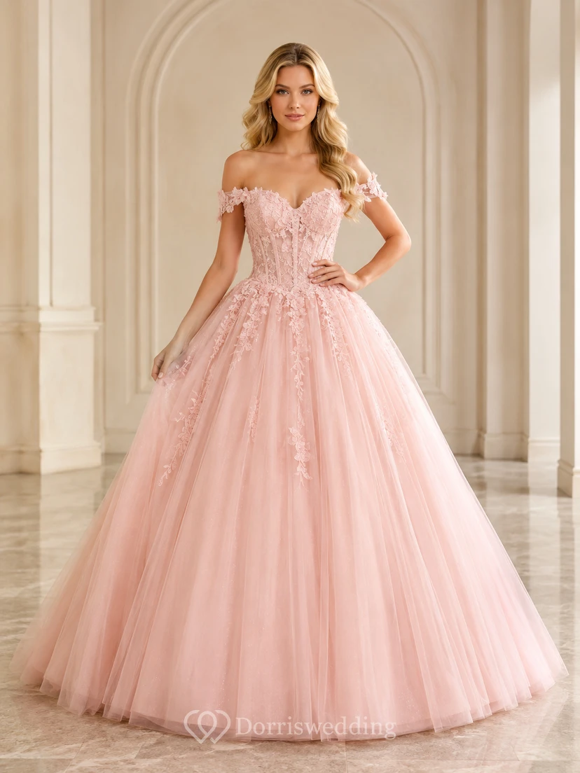 Rosenfarbenes Prinzessinnen-Ballkleid in Blush, bodenlang, schulterfrei, kurze Ärmel, luxuriöses Tüll-Abendkleid