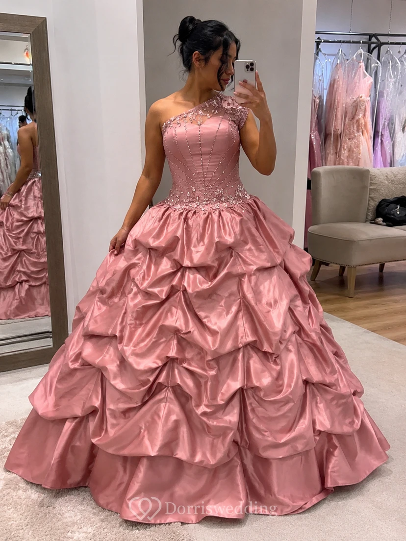 One-shoulder Ballgown With Ruffles and Beadings view 8