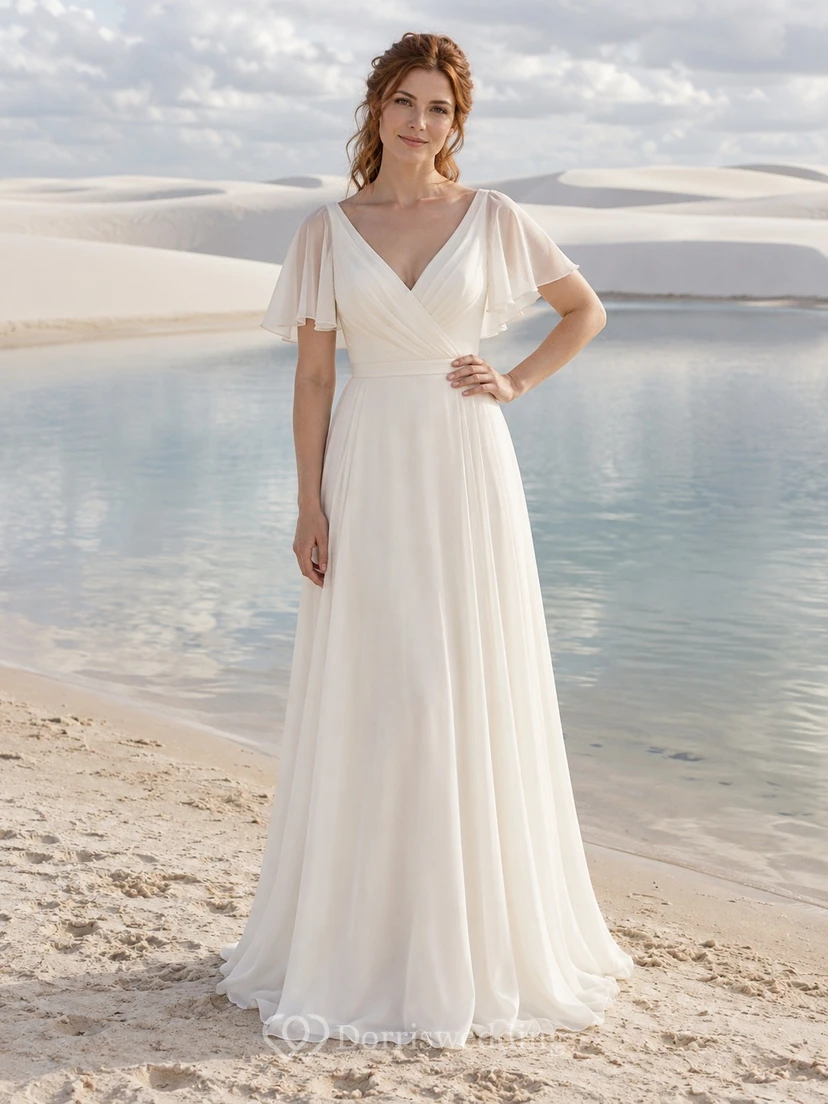 V Neck Flutter Sleeve Chiffon Wedding Dress with Wrapped Bodice and A-Line Skirt