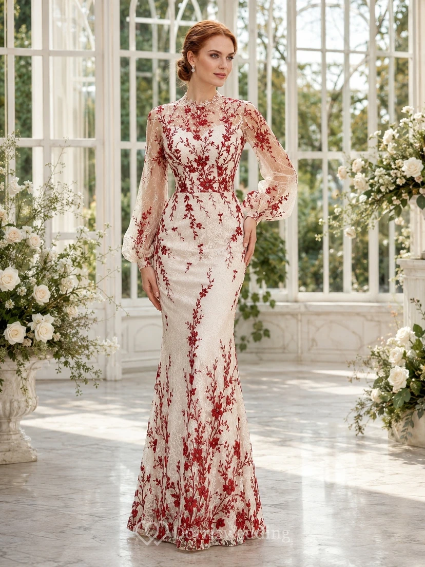 Rotes, hochgeschlossenes, langärmeliges Meerjungfrauen-Brautkleid aus Spitze, bodenlang, schlicht und elegant