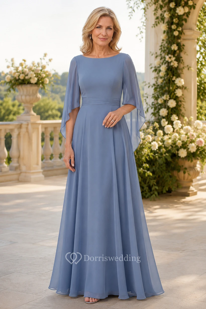 Stahlblaues A-Linien-Kleid aus Chiffon mit U-Boot-Ausschnitt und Cape-Ärmeln