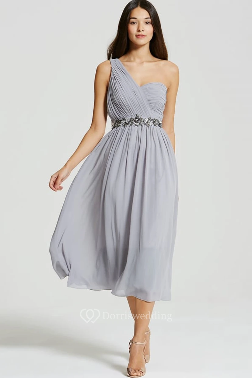 Tea-Length Sleeveless One-Shoulder Ruched Chiffon Bridesmaid Dress With Beading view 2