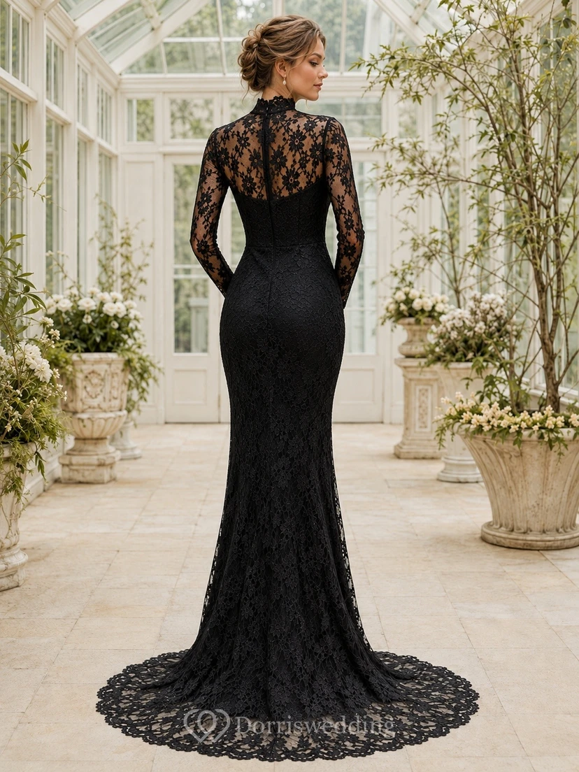 Black Lace High Neck Long Sleeve Mermaid Sweep Train Evening Gown view 2