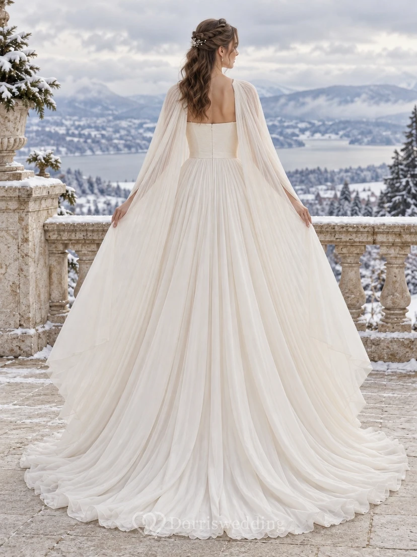 Simple Square Neck Winter Pleated Chiffon Cape A-line Wedding Dress view 2
