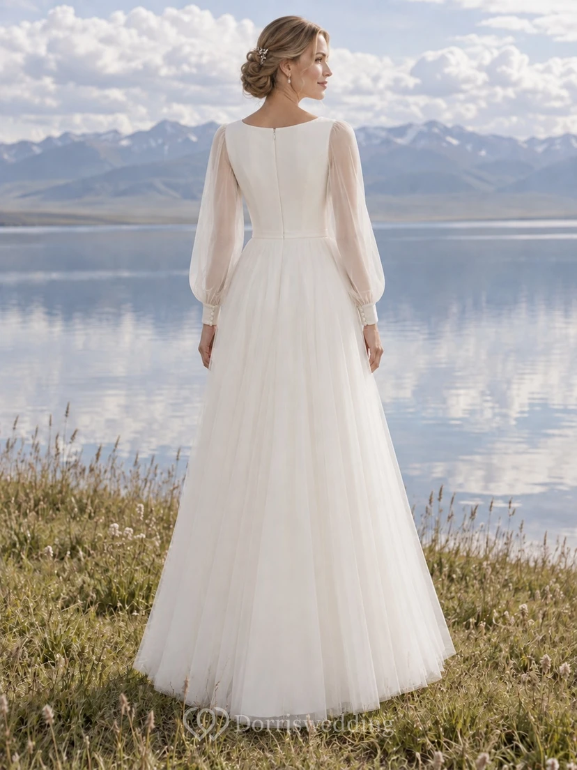 Vestido de novia sencillo y modesto de manga larga con detalles de tul y detalles de joyas, hasta los tobillos. view 2