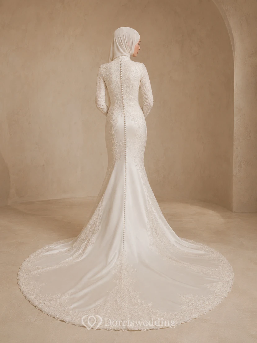 Muslimisches Hochzeitskleid mit hohem Kragen, Meerjungfrauen-Schleppe und langen Ärmeln view 2